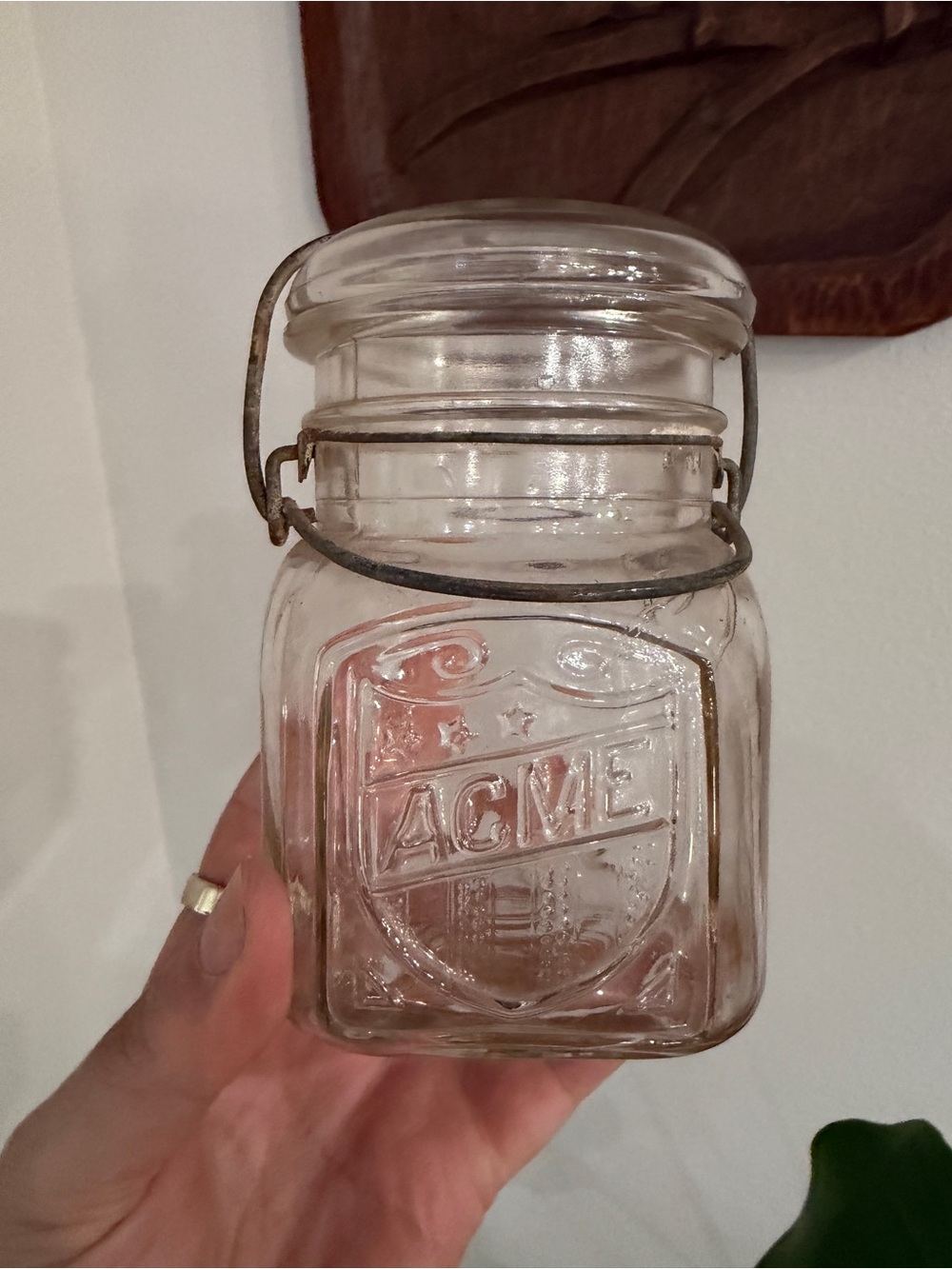 Antique 1920s ACME Pint Canning Jar Glass Lid Wire Bail Square Fruit Jar